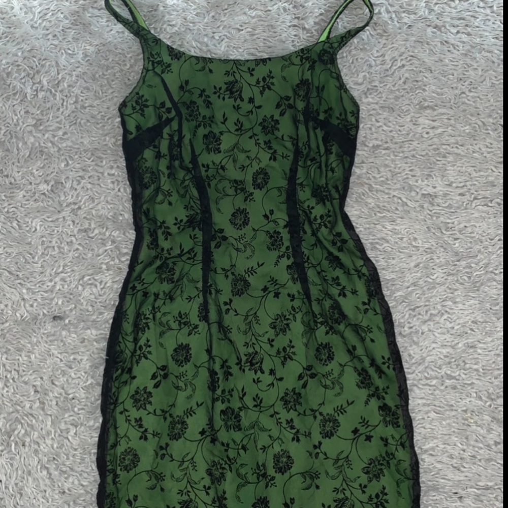 vintage y2k green dress with black floral mesh